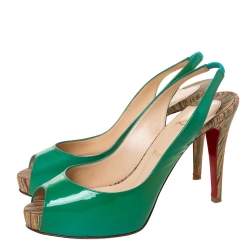 Pre Owned Christian Louboutin Green Patent Leather Private Number Peep Toe Slingback Sandals Size 38