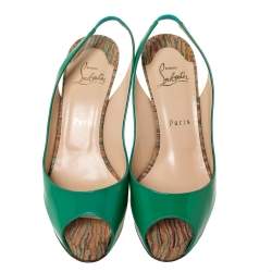 Pre Owned Christian Louboutin Green Patent Leather Private Number Peep Toe Slingback Sandals Size 38