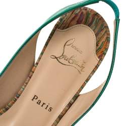 Pre Owned Christian Louboutin Green Patent Leather Private Number Peep Toe Slingback Sandals Size 38