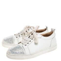 Pre Owned Christian Louboutin White Leather Gondola Strass Low Top Sneakers Size 37.5
