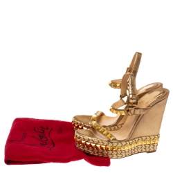 Pre Owned Christian Louboutin Metallic Gold Studded Leather Cataclou Espadrille Wedge Platform Sandals Size 39