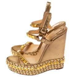 Pre Owned Christian Louboutin Metallic Gold Studded Leather Cataclou Espadrille Wedge Platform Sandals Size 39