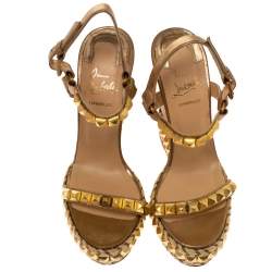 Pre Owned Christian Louboutin Metallic Gold Studded Leather Cataclou Espadrille Wedge Platform Sandals Size 39