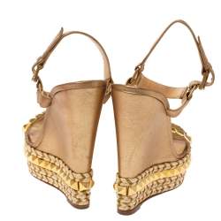 Pre Owned Christian Louboutin Metallic Gold Studded Leather Cataclou Espadrille Wedge Platform Sandals Size 39