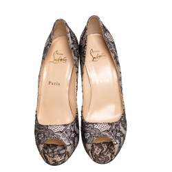 Pre Owned حذاء كعب عالي كريستيان لوبوتان "فيري بريفي" بمقدمة مفتوحة دانتيل و ساتان أسود/ وردي مقاس 39.5