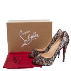 Pre Owned حذاء كعب عالي كريستيان لوبوتان "فيري بريفي" بمقدمة مفتوحة دانتيل و ساتان أسود/ وردي مقاس 39.5