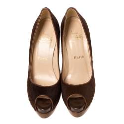 Pre Owned Christian Louboutin Brown Calf Hair Lady Peep Toe Platform Pumps Size 38