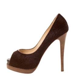 Pre Owned Christian Louboutin Brown Calf Hair Lady Peep Toe Platform Pumps Size 38