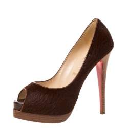 Pre Owned Christian Louboutin Brown Calf Hair Lady Peep Toe Platform Pumps Size 38