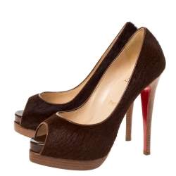 Pre Owned Christian Louboutin Brown Calf Hair Lady Peep Toe Platform Pumps Size 38