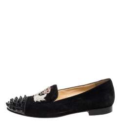 Pre Owned Christian Louboutin Black Suede Harvanana Spiked Smoking Slippers Size 37