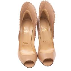 Pre Owned Christian Louboutin Beige Leather Pijonina Peep Toe Pumps Size 35.5