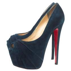 Pre Owned Christian Louboutin Blue Suede Ruched Drapesse Peep Toe Platform Pumps Size 37.5
