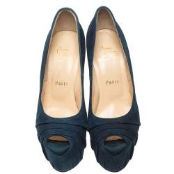 Pre Owned Christian Louboutin Blue Suede Ruched Drapesse Peep Toe Platform Pumps Size 37.5