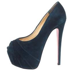 Pre Owned Christian Louboutin Blue Suede Ruched Drapesse Peep Toe Platform Pumps Size 37.5