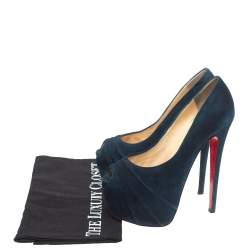 Pre Owned Christian Louboutin Blue Suede Ruched Drapesse Peep Toe Platform Pumps Size 37.5