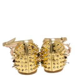 Pre Owned Christian Louboutin Gold Leather Spiked Open Toe Ankle Strap Sandals Size 35.5