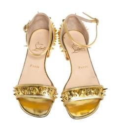 Pre Owned Christian Louboutin Gold Leather Spiked Open Toe Ankle Strap Sandals Size 35.5