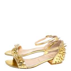 Pre Owned Christian Louboutin Gold Leather Spiked Open Toe Ankle Strap Sandals Size 35.5