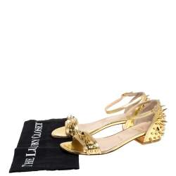 Pre Owned Christian Louboutin Gold Leather Spiked Open Toe Ankle Strap Sandals Size 35.5