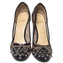 Pre Owned Christian Louboutin Black Lace And Leather Candy Spike Bow Pumps Size 38