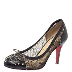 Pre Owned Christian Louboutin Black Lace And Leather Candy Spike Bow Pumps Size 38