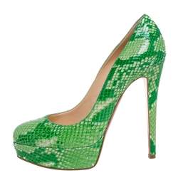 Pre Owned Christian Louboutin Green Python Leather Bianca Platform Pumps Size 38