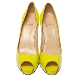 Pre Owned Christian Louboutin Neon Yellow Patent Leather Very Prive Peep Toe Pumps Size 40