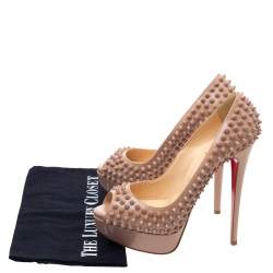 Pre Owned Christian Louboutin Beige Patent Leather Lady Peep Spikes Platform Pumps Size 38