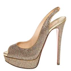 Pre Owned Christian Louboutin Multicolor Glitter Fabric Lady Peep Toe Platform Slingback Sandals Size 38
