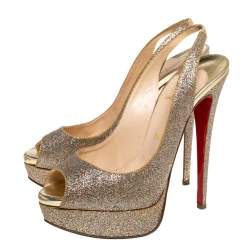 Pre Owned Christian Louboutin Multicolor Glitter Fabric Lady Peep Toe Platform Slingback Sandals Size 38