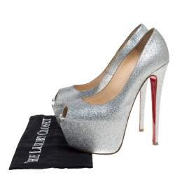 Pre Owned Christian Louboutin Silver Glitter Highness Platform Peep Toe Pumps Size 38