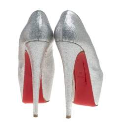 Pre Owned Christian Louboutin Silver Glitter Highness Platform Peep Toe Pumps Size 38