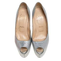 Pre Owned Christian Louboutin Silver Glitter Highness Platform Peep Toe Pumps Size 38