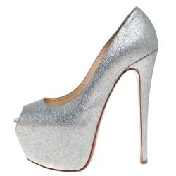 Pre Owned Christian Louboutin Silver Glitter Highness Platform Peep Toe Pumps Size 38