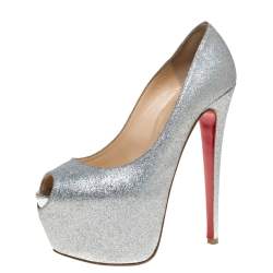 Pre Owned Christian Louboutin Silver Glitter Highness Platform Peep Toe Pumps Size 38
