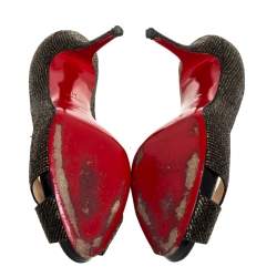 Pre Owned Christian Louboutin Black/Gold Glitter Fabric Shelley Platform Peep Toe Pumps Size 41
