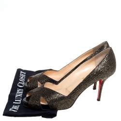 Pre Owned Christian Louboutin Black/Gold Glitter Fabric Shelley Platform Peep Toe Pumps Size 41