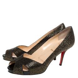 Pre Owned Christian Louboutin Black/Gold Glitter Fabric Shelley Platform Peep Toe Pumps Size 41
