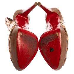 Pre Owned Christian Louboutin Gold Patent Leather Laser Cut Slingback Platform Sandals Size 38.5