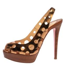 Pre Owned Christian Louboutin Gold Patent Leather Laser Cut Slingback Platform Sandals Size 38.5