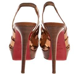 Pre Owned Christian Louboutin Gold Patent Leather Laser Cut Slingback Platform Sandals Size 38.5