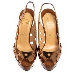 Pre Owned Christian Louboutin Gold Patent Leather Laser Cut Slingback Platform Sandals Size 38.5