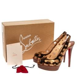 Pre Owned Christian Louboutin Gold Patent Leather Laser Cut Slingback Platform Sandals Size 38.5