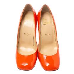 Pre Owned Christian Louboutin Orange Patent Leather Square Toe Pumps Size 38