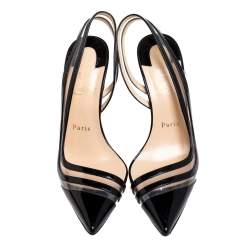 مملوكة مسبقًا Christian Louboutin Black Patent Leather & PVC Paralili Slingback Pumps Size 37