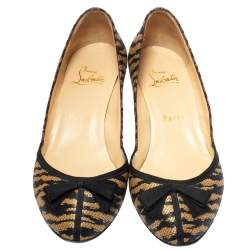 Pre Owned Christian Louboutin Black/Beige Tiger Print Raffia Bow Kitten Heel Pumps Size 37.5