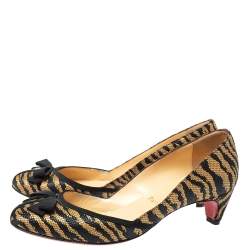 Pre Owned Christian Louboutin Black/Beige Tiger Print Raffia Bow Kitten Heel Pumps Size 37.5