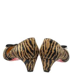 Pre Owned Christian Louboutin Black/Beige Tiger Print Raffia Bow Kitten Heel Pumps Size 37.5