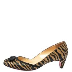 Pre Owned Christian Louboutin Black/Beige Tiger Print Raffia Bow Kitten Heel Pumps Size 37.5